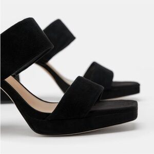 Zara Platform Heeled Leather Sandals - black suede